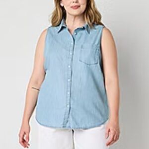 St. John’s Bay Blue Sleeveless Button-Up Top Women’s XL | Collared Summer Shirt